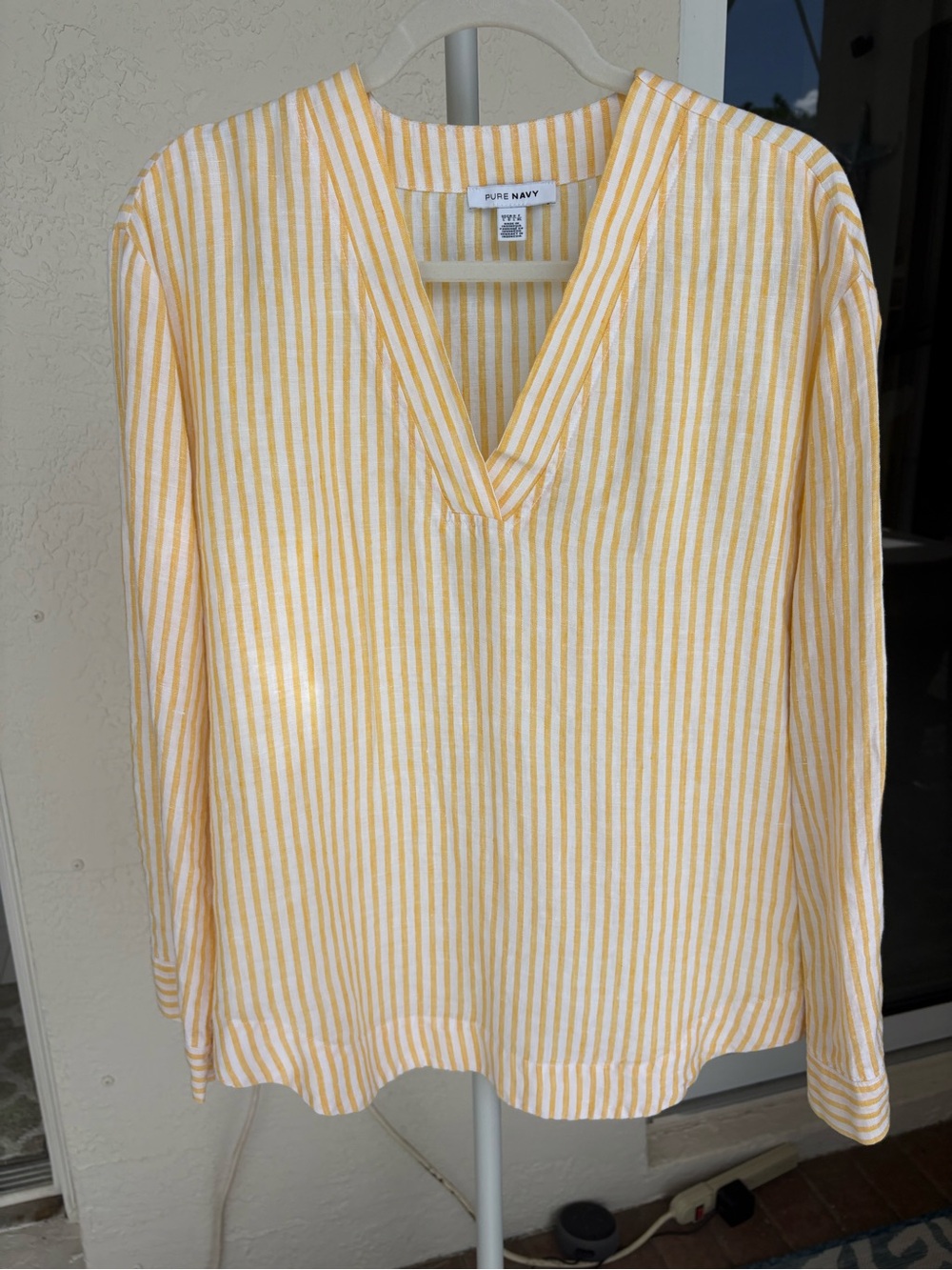 Pure Navy 100% Linen Yellow Stripe V-Neck Women's Top